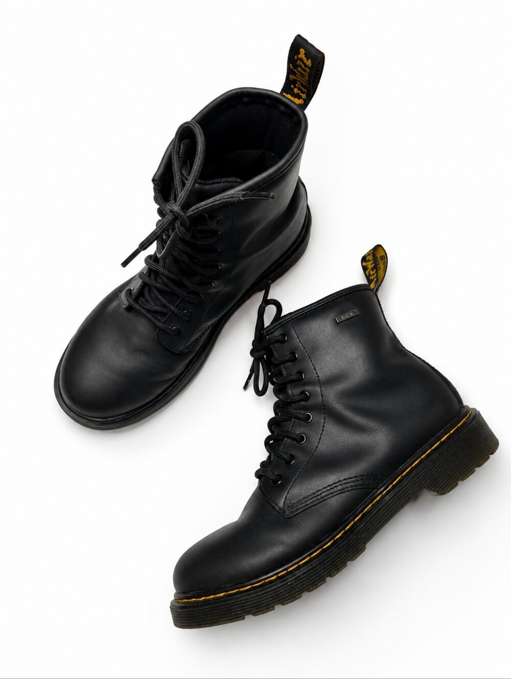 Dr. Martens Size 6 Women Black Leather Lace-Up Ankle Boots with Yellow Stitching